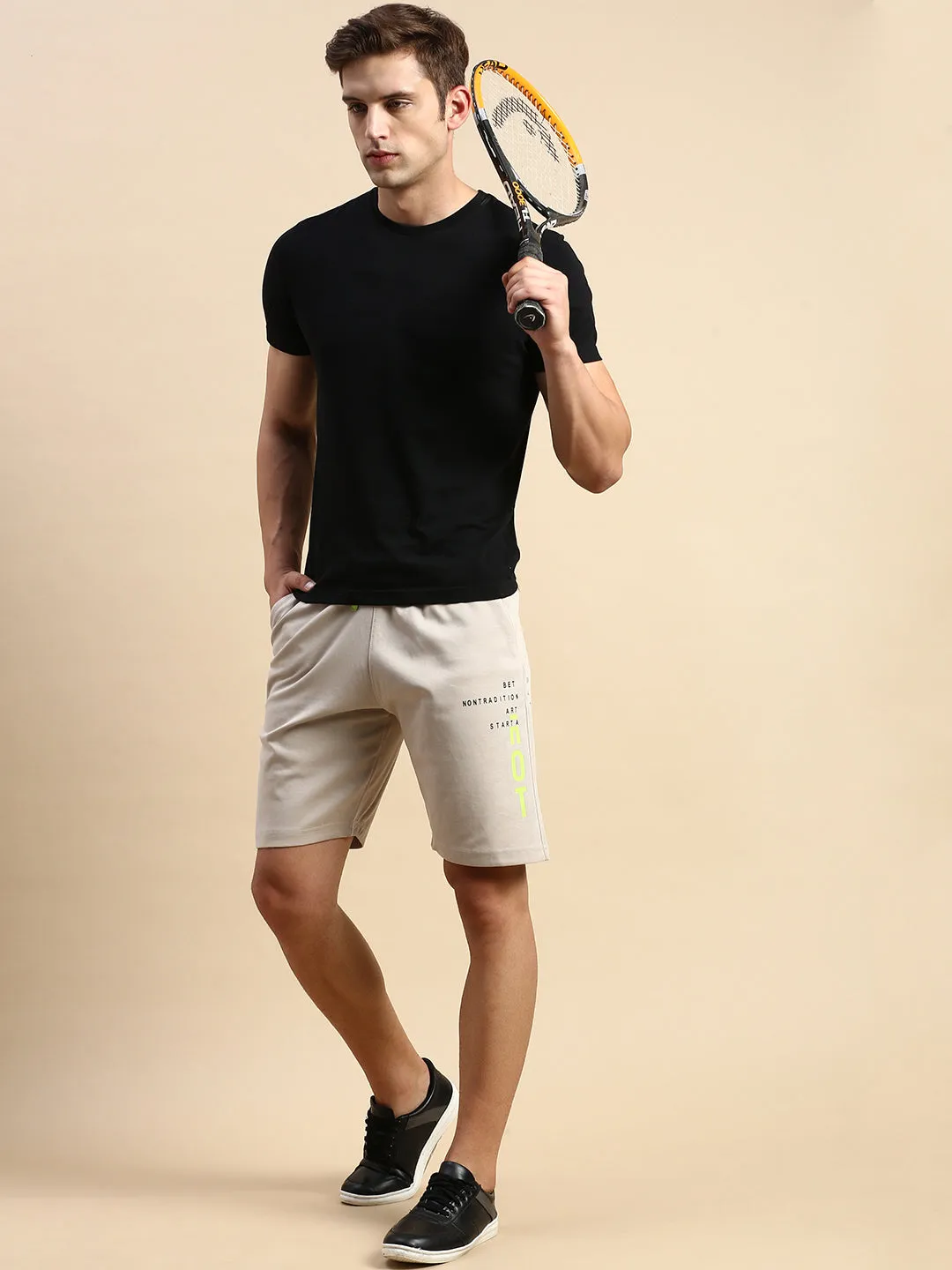 Men Beige Typography Printed Mid-Rise Sports Shorts