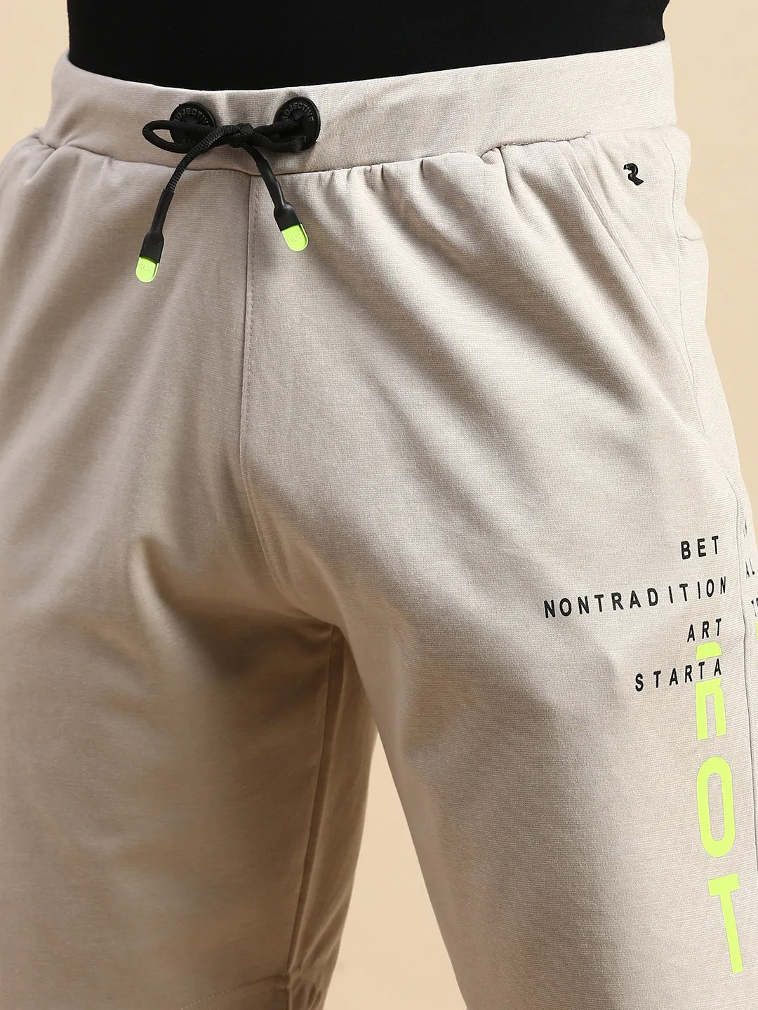 Men Beige Typography Printed Mid-Rise Sports Shorts