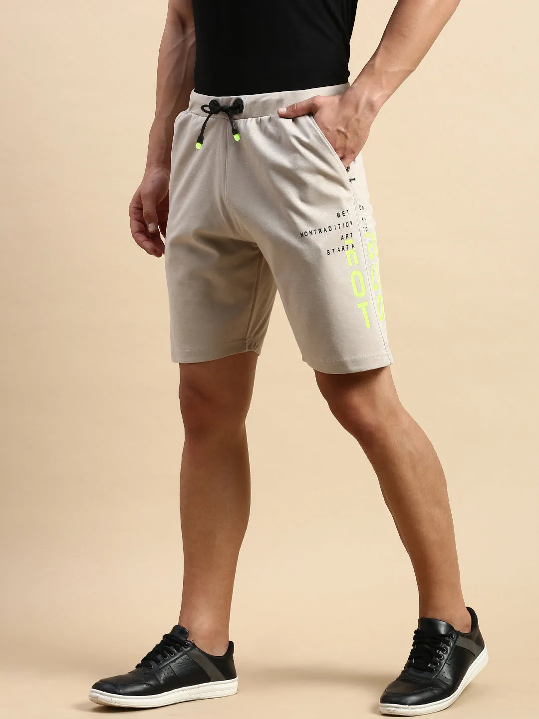 Men Beige Typography Printed Mid-Rise Sports Shorts