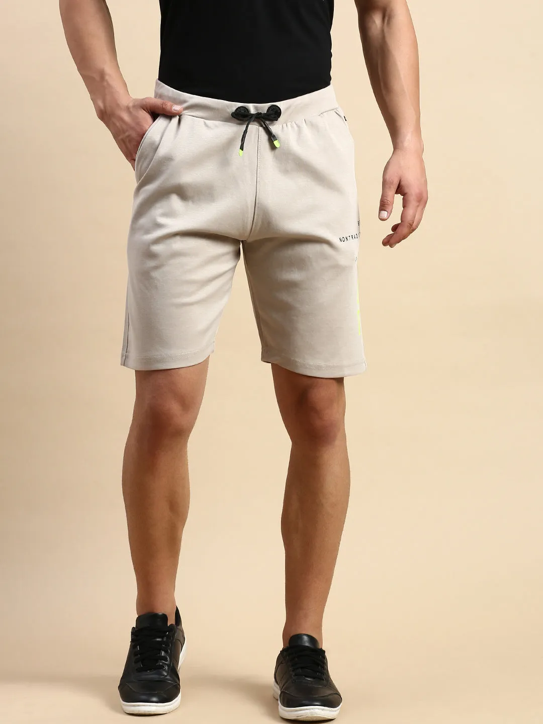 Men Beige Typography Printed Mid-Rise Sports Shorts