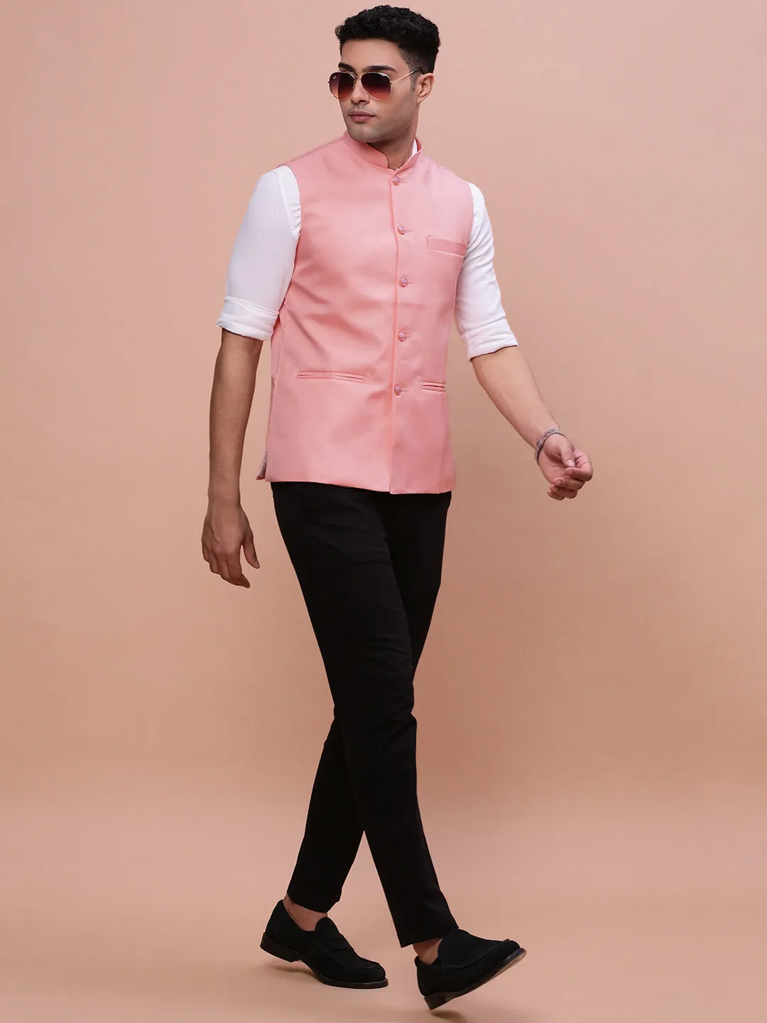 Men Peach Solid Slim-Fit Nehru Jacket