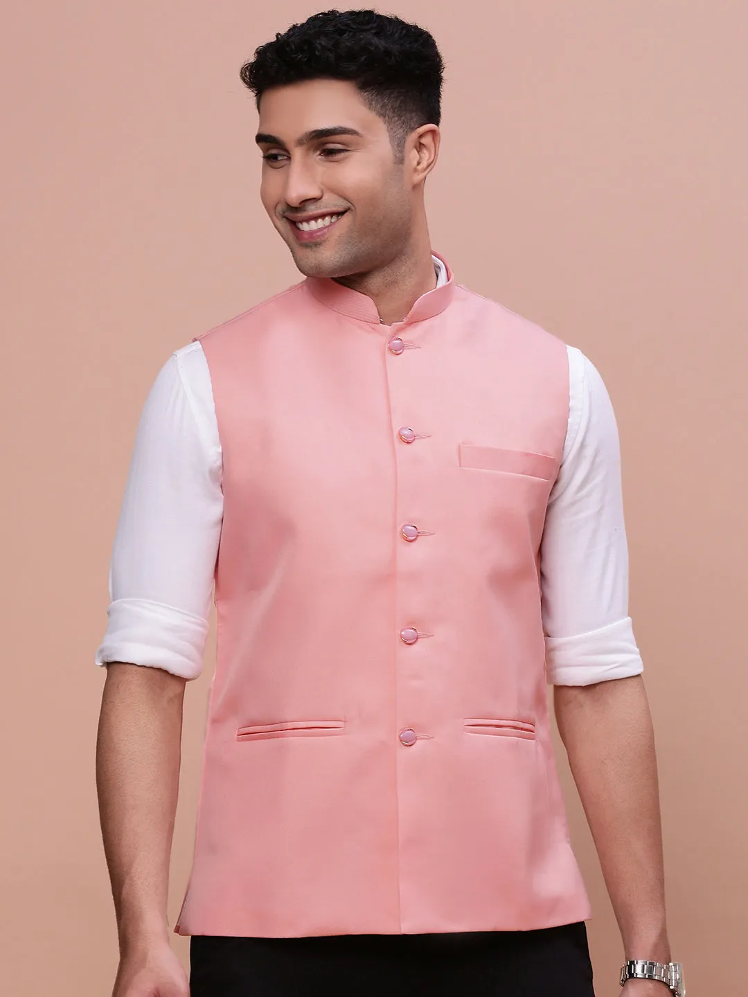 Men Peach Solid Slim-Fit Nehru Jacket