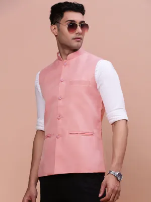 Men Peach Solid Slim-Fit Nehru Jacket