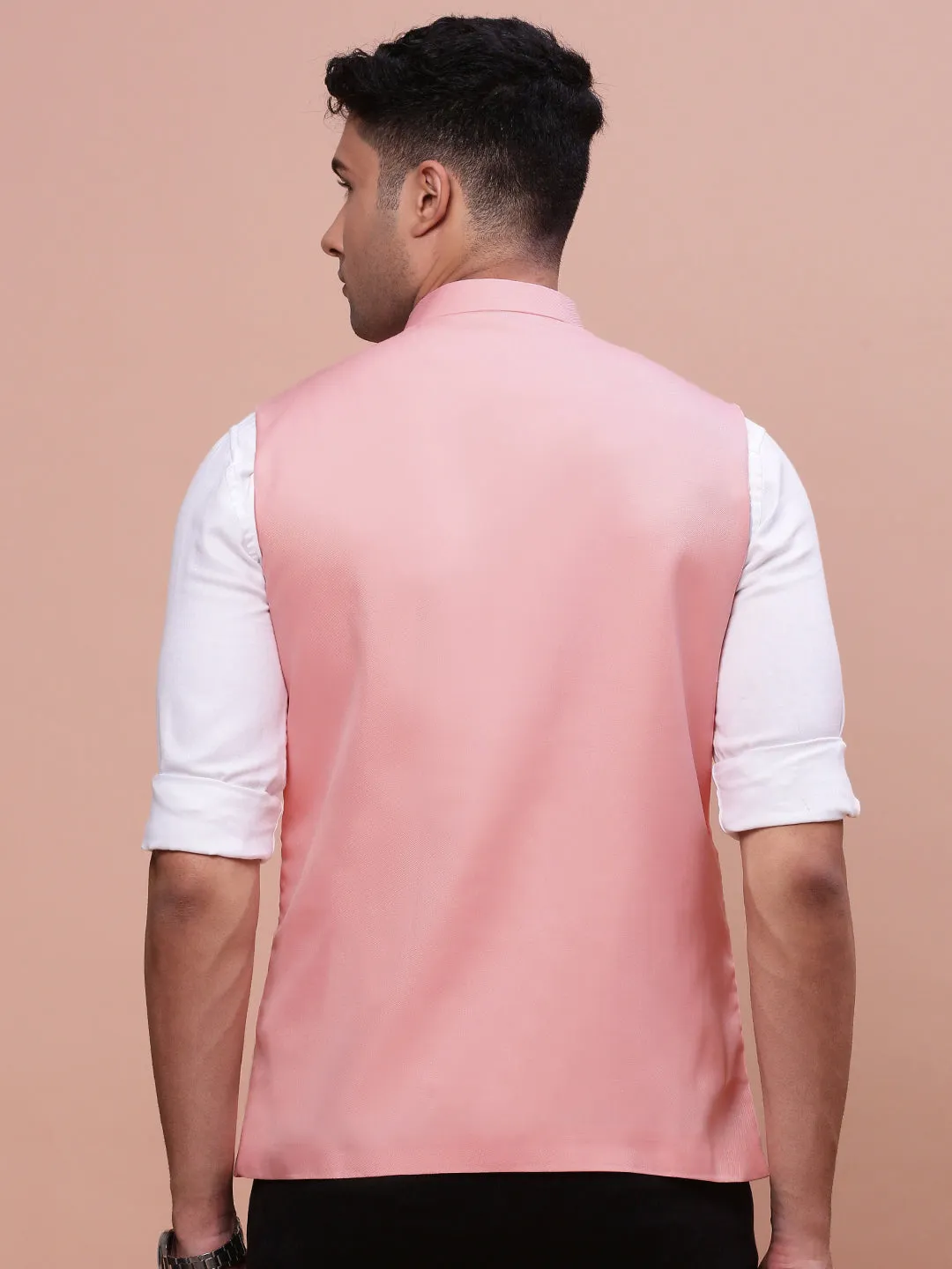 Men Peach Solid Slim-Fit Nehru Jacket