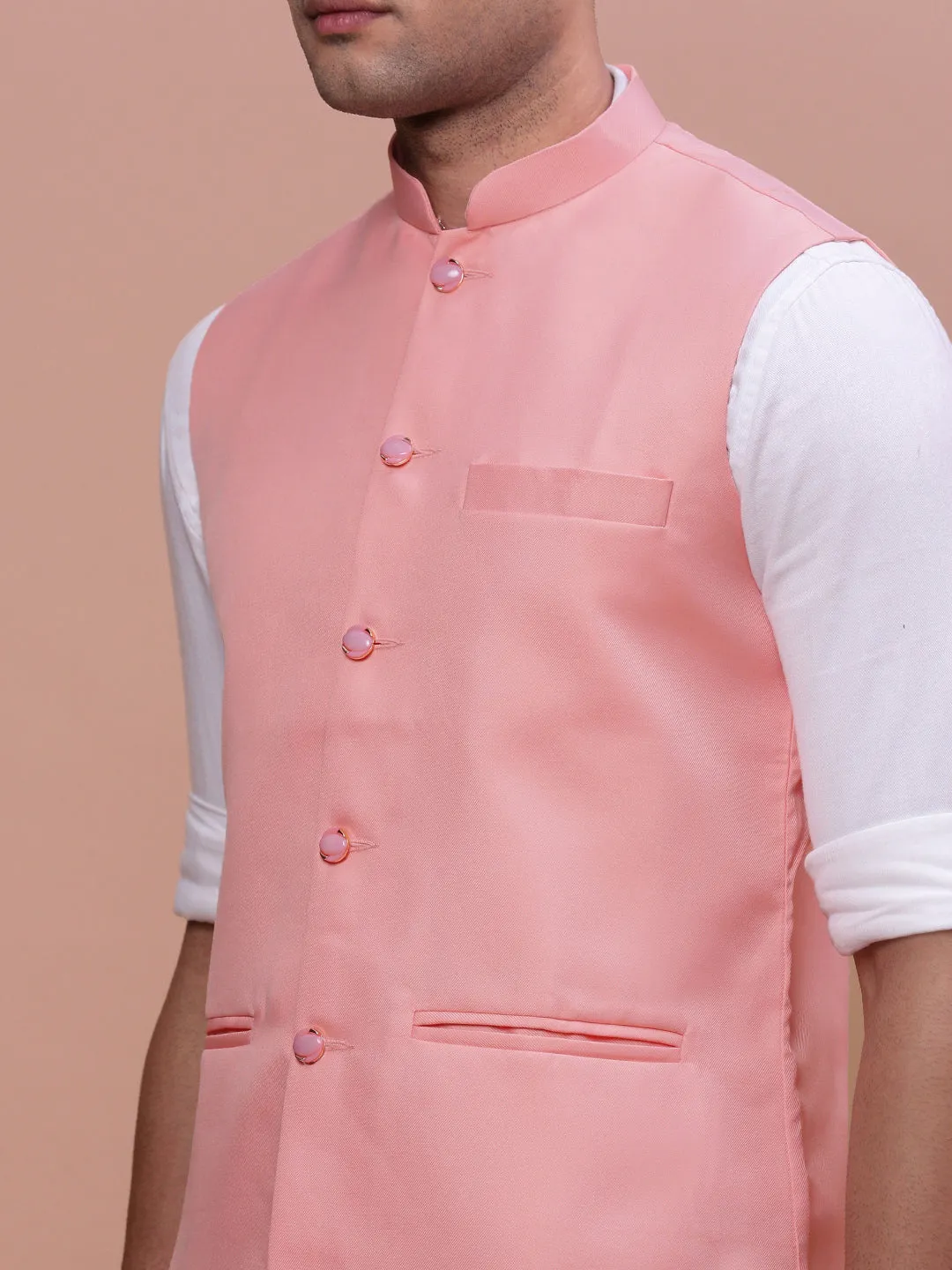 Men Peach Solid Slim-Fit Nehru Jacket