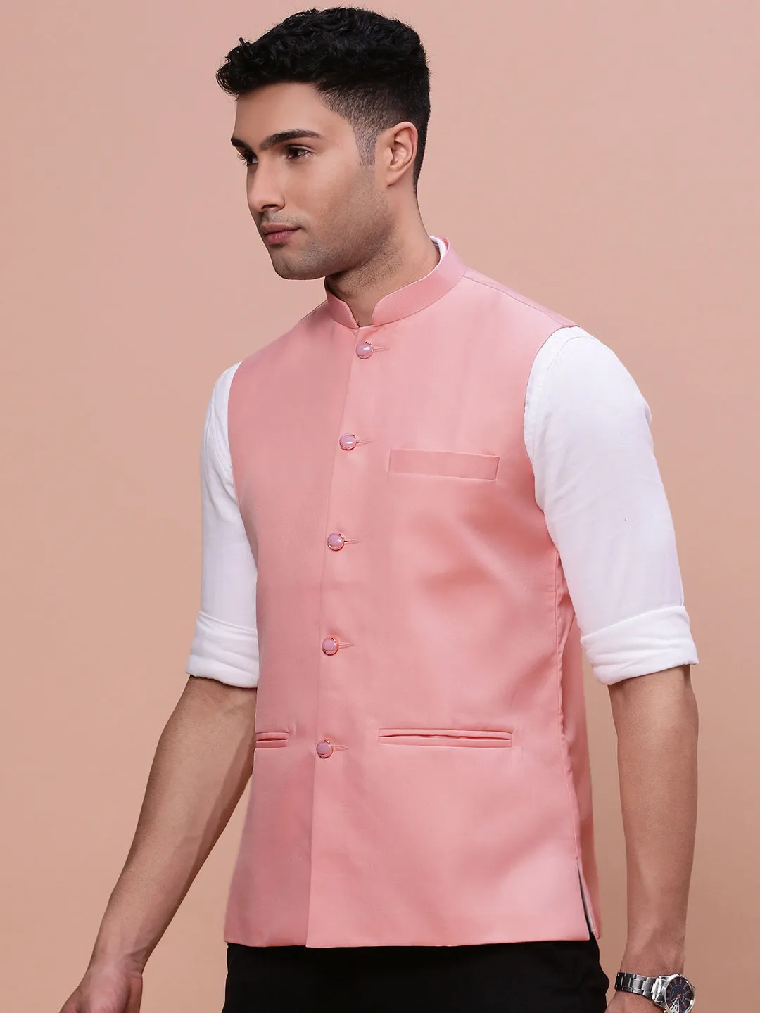 Men Peach Solid Slim-Fit Nehru Jacket