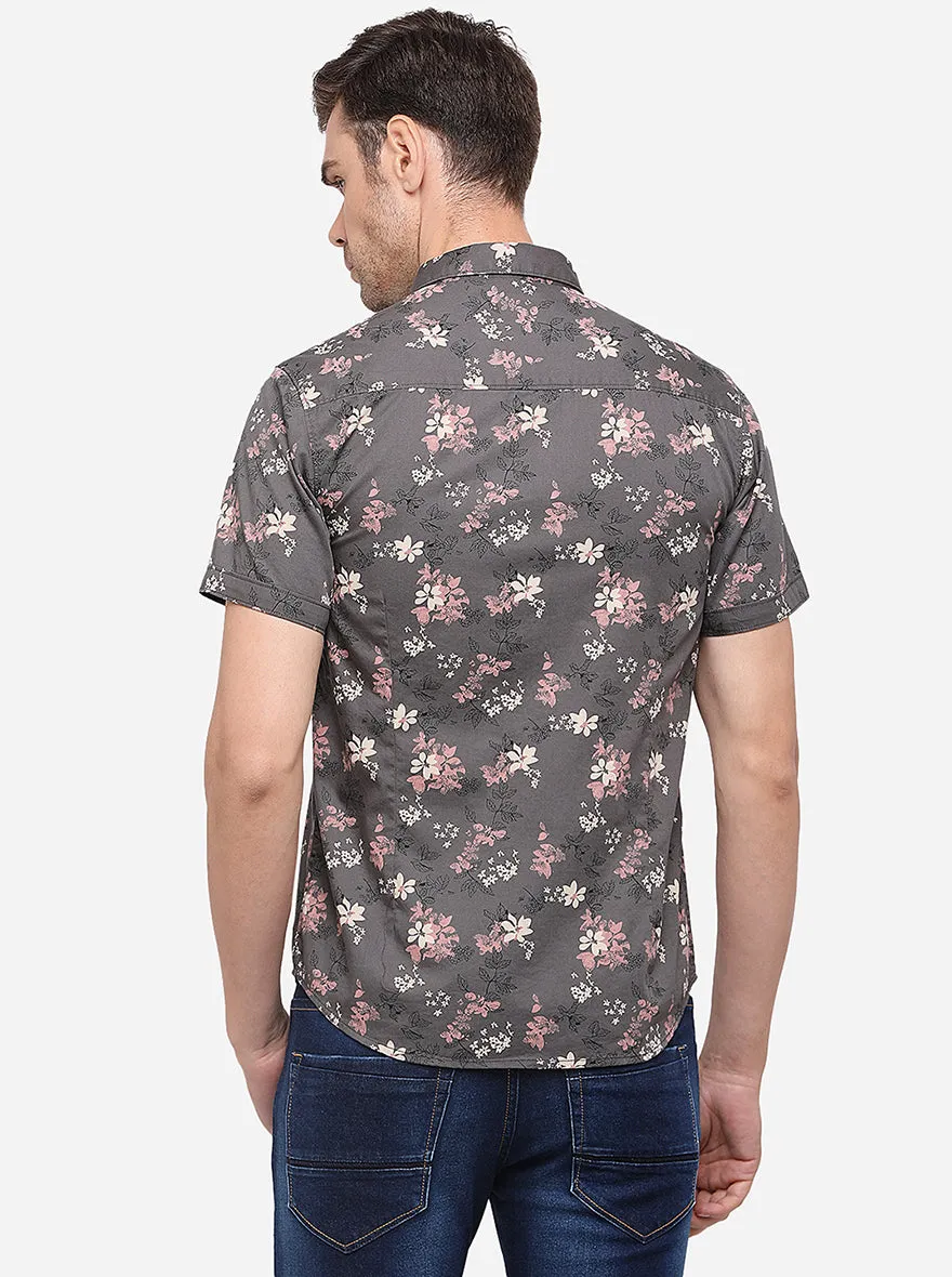 Olive Grey Printed Slim Fit Casual Shirt | Greenfibre