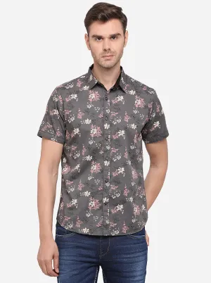 Olive Grey Printed Slim Fit Casual Shirt | Greenfibre