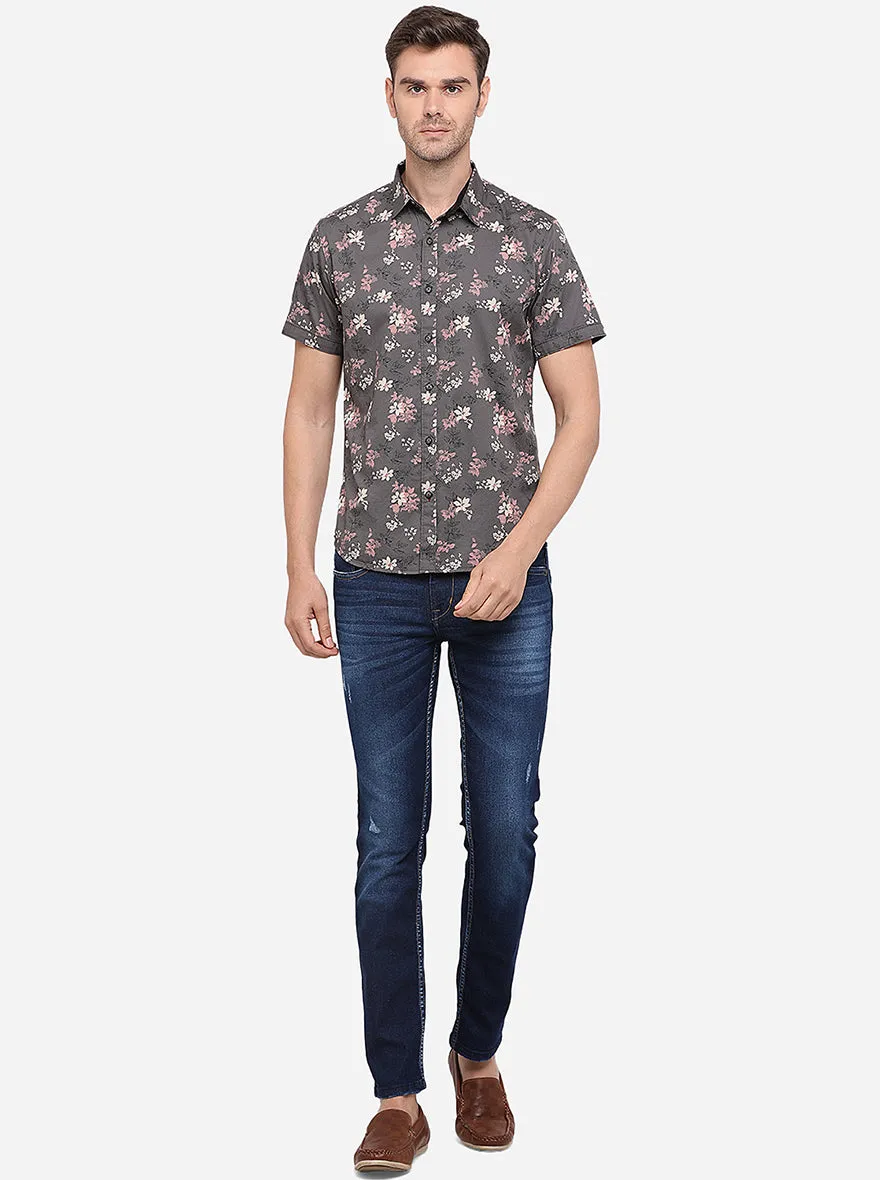 Olive Grey Printed Slim Fit Casual Shirt | Greenfibre