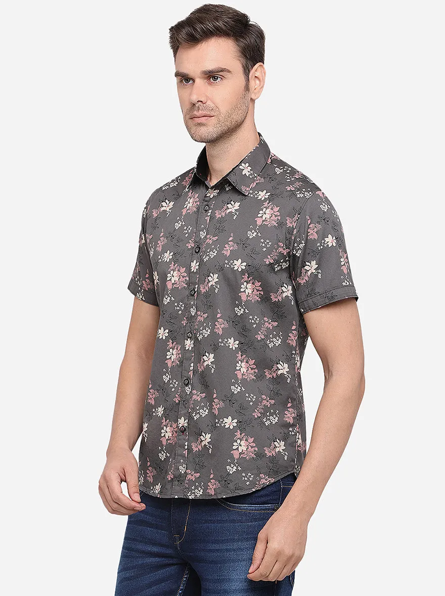 Olive Grey Printed Slim Fit Casual Shirt | Greenfibre