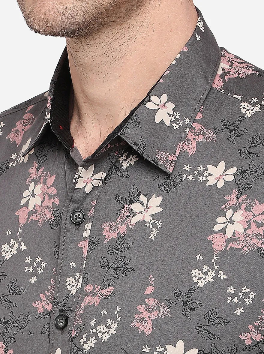 Olive Grey Printed Slim Fit Casual Shirt | Greenfibre