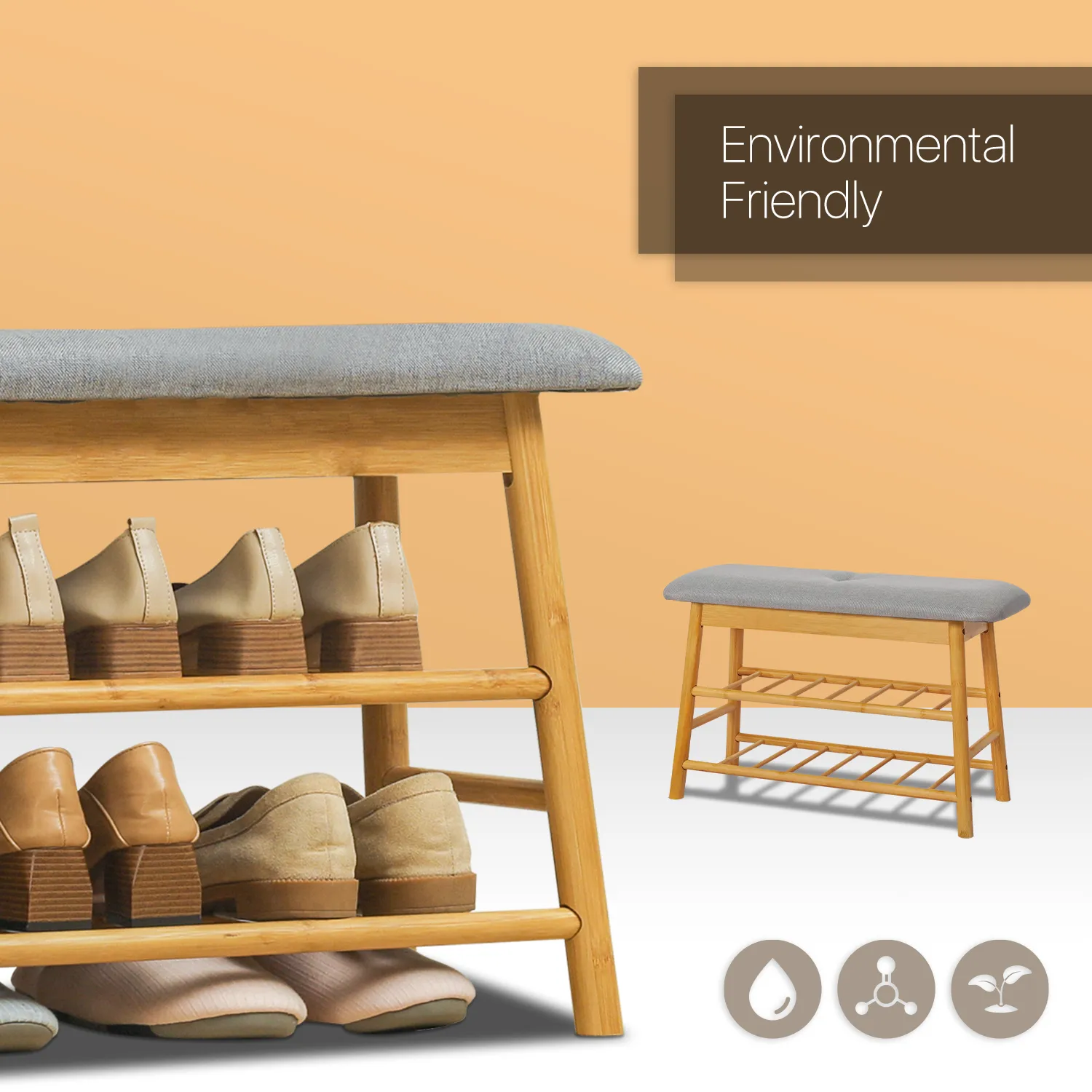 Shoe Rack Organizer Stool - Upholstered Changing Bench - Natural