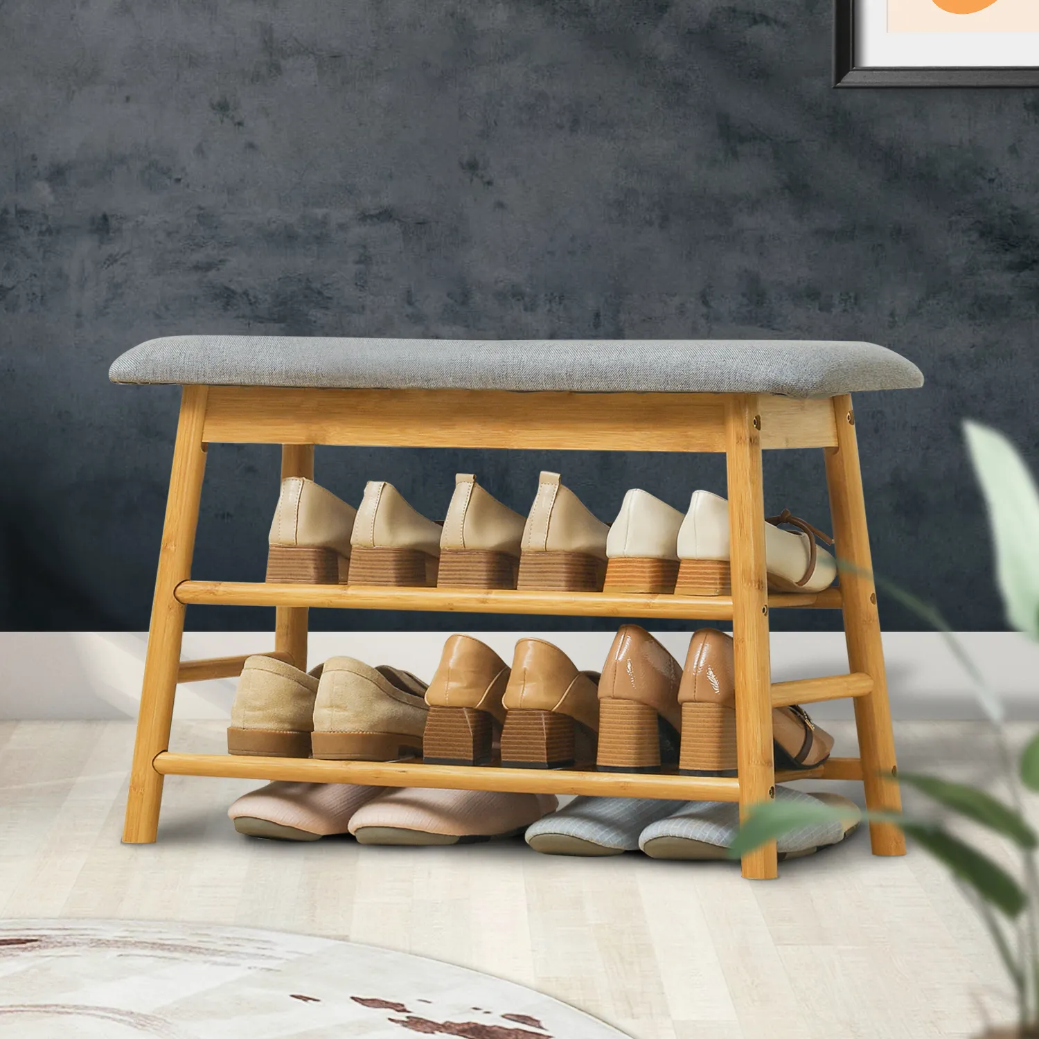 Shoe Rack Organizer Stool - Upholstered Changing Bench - Natural