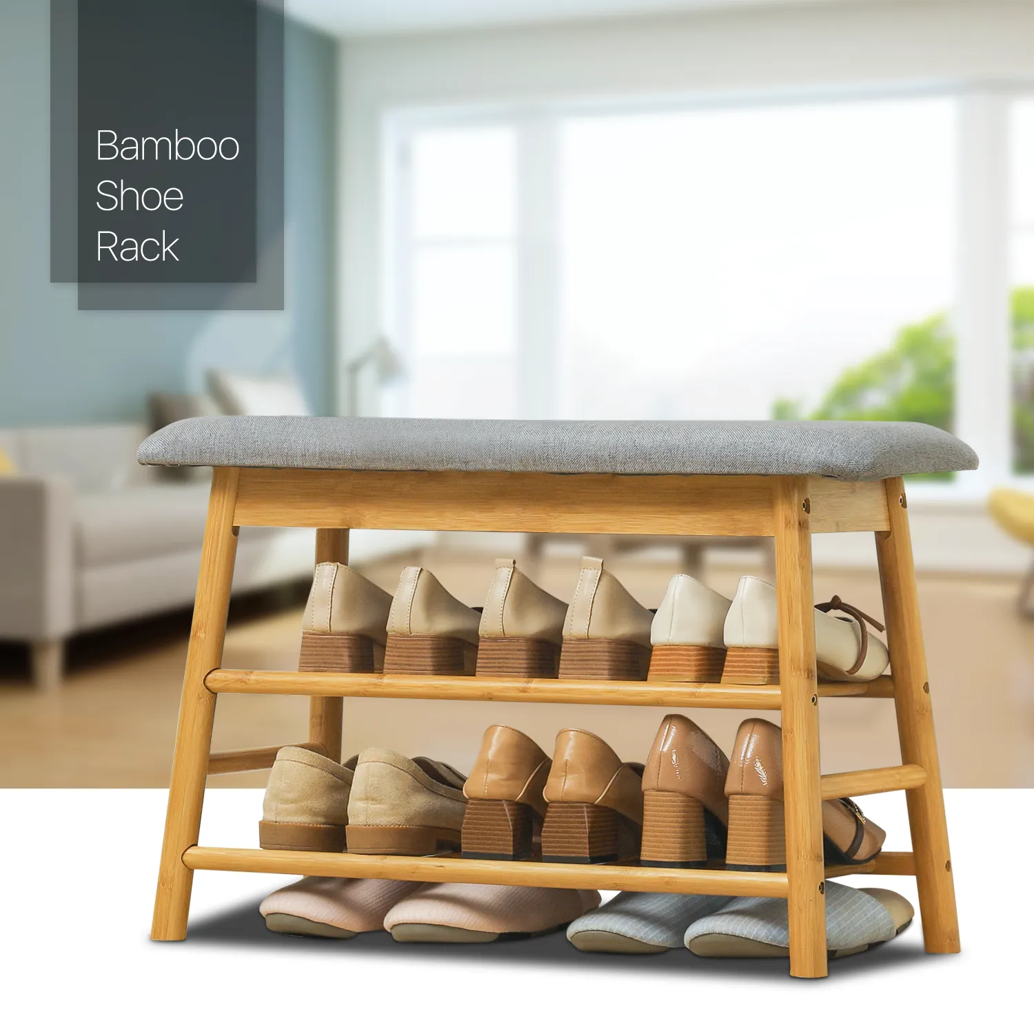 Shoe Rack Organizer Stool - Upholstered Changing Bench - Natural