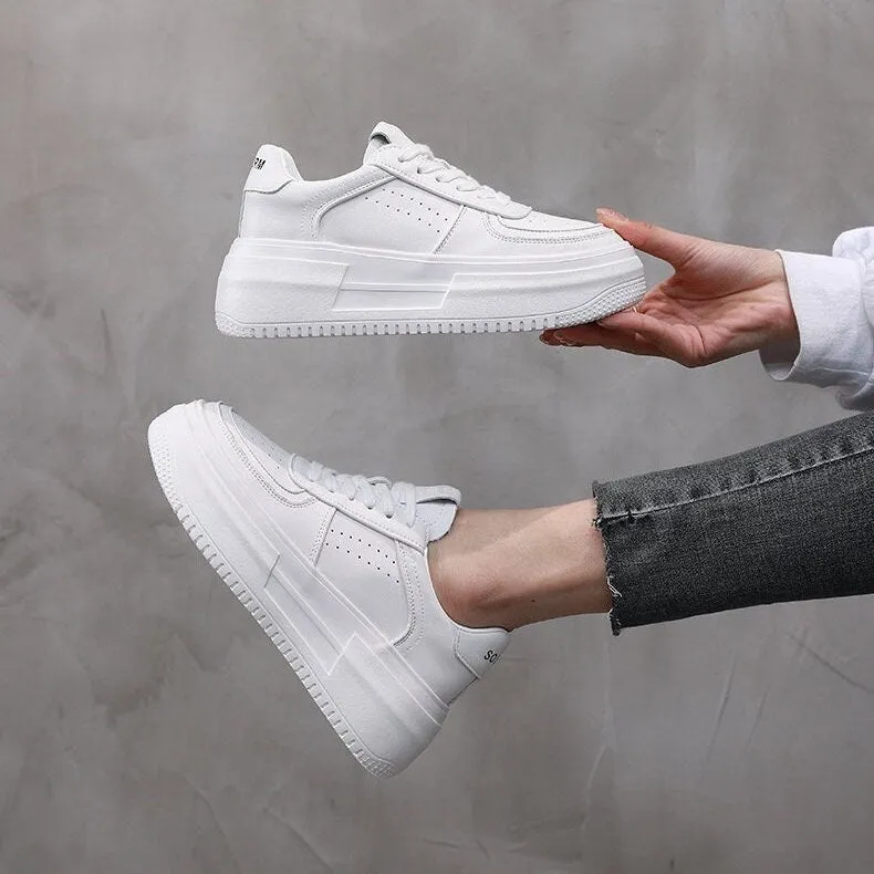 White Breathable Round Head Sneakers, Tie Lace Up Shoes for Women, Flat Bottom Sneakers, Athletic Sport Running Shoes