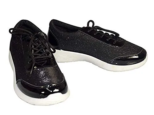 Womens Sparkling Glitter Lace Up Platform Elastic Sneakers
