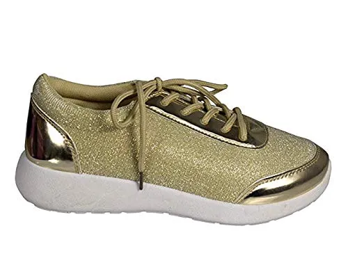Womens Sparkling Glitter Lace Up Platform Elastic Sneakers